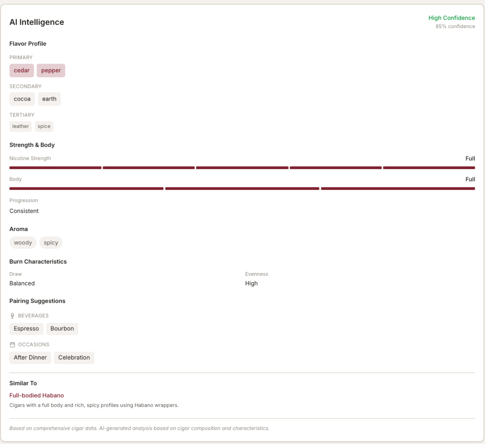 HumiVault AI intelligence view with flavor, strength, and pairing recommendations.