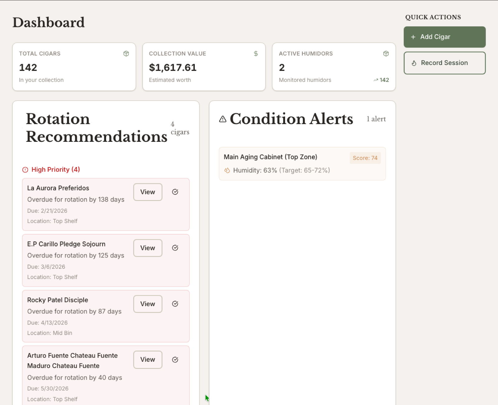 HumiVault collection dashboard showing humidor health, collection value, and cigar insights.