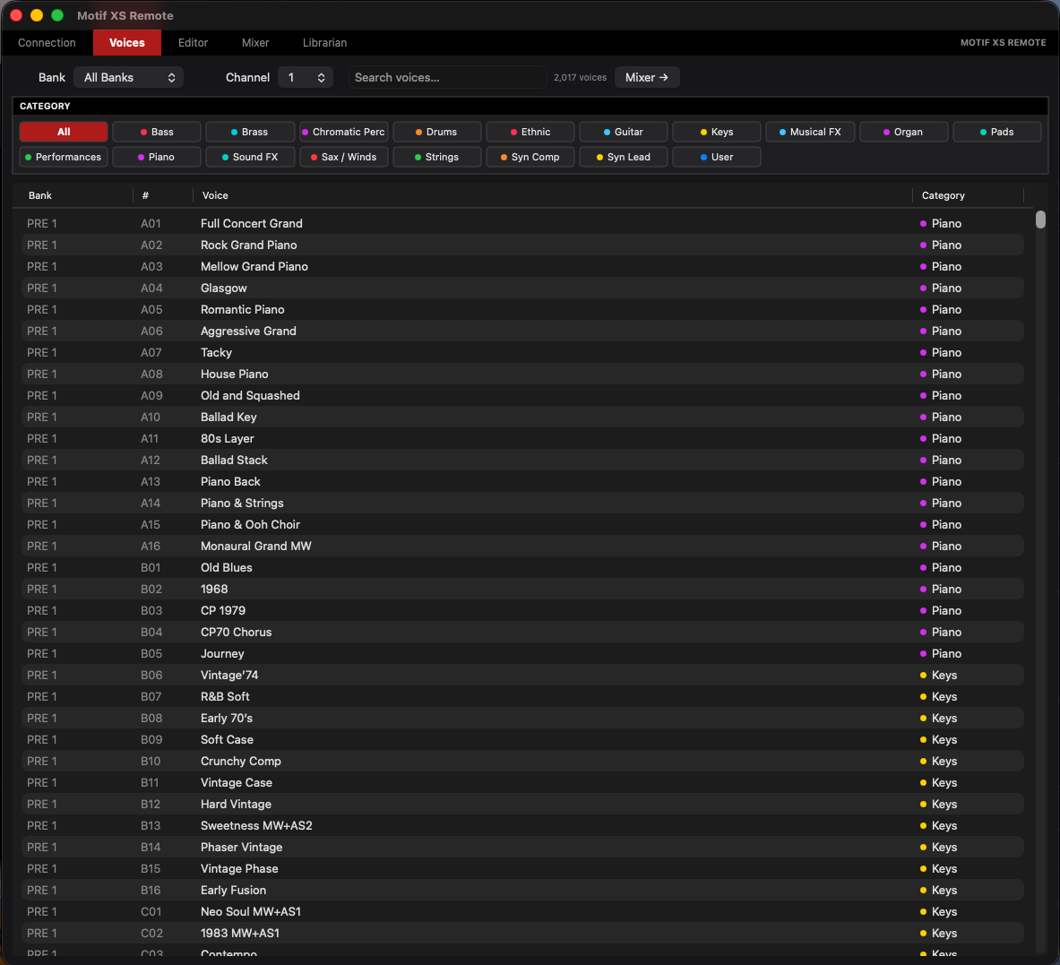 Motif XS Remote voice browser showing 2,017 voices with bank, channel, and category filters.